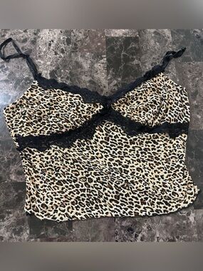 Leopard Print Cami Top with Black Lace Trim